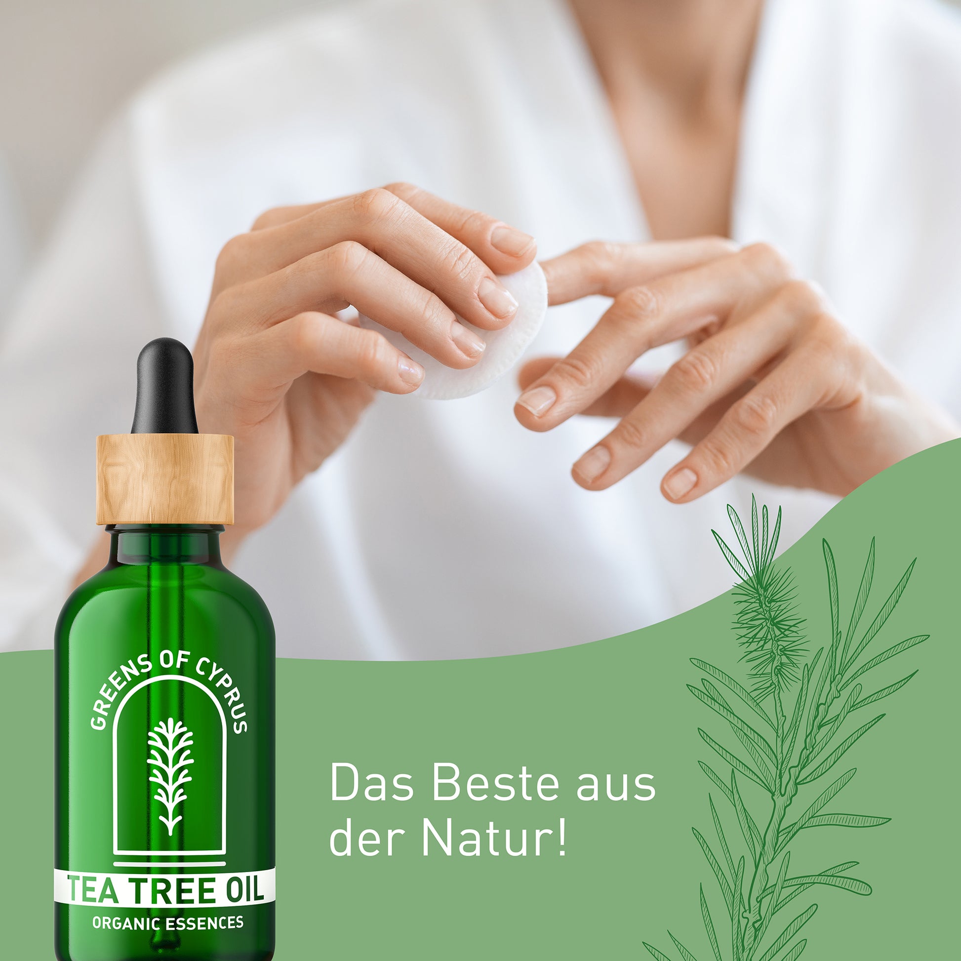 Bio Teebaumöl von Greens of Cyprus in einer Flasche, naturbelassenes ätherisches Öl für Haut und Gesundheit