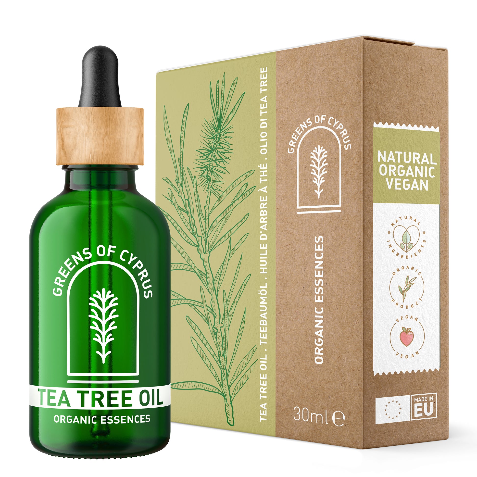 Bio Teebaumöl von Greens of Cyprus in einer Flasche, Nahaufnahme des Produkts für natürliche Hautpflege
