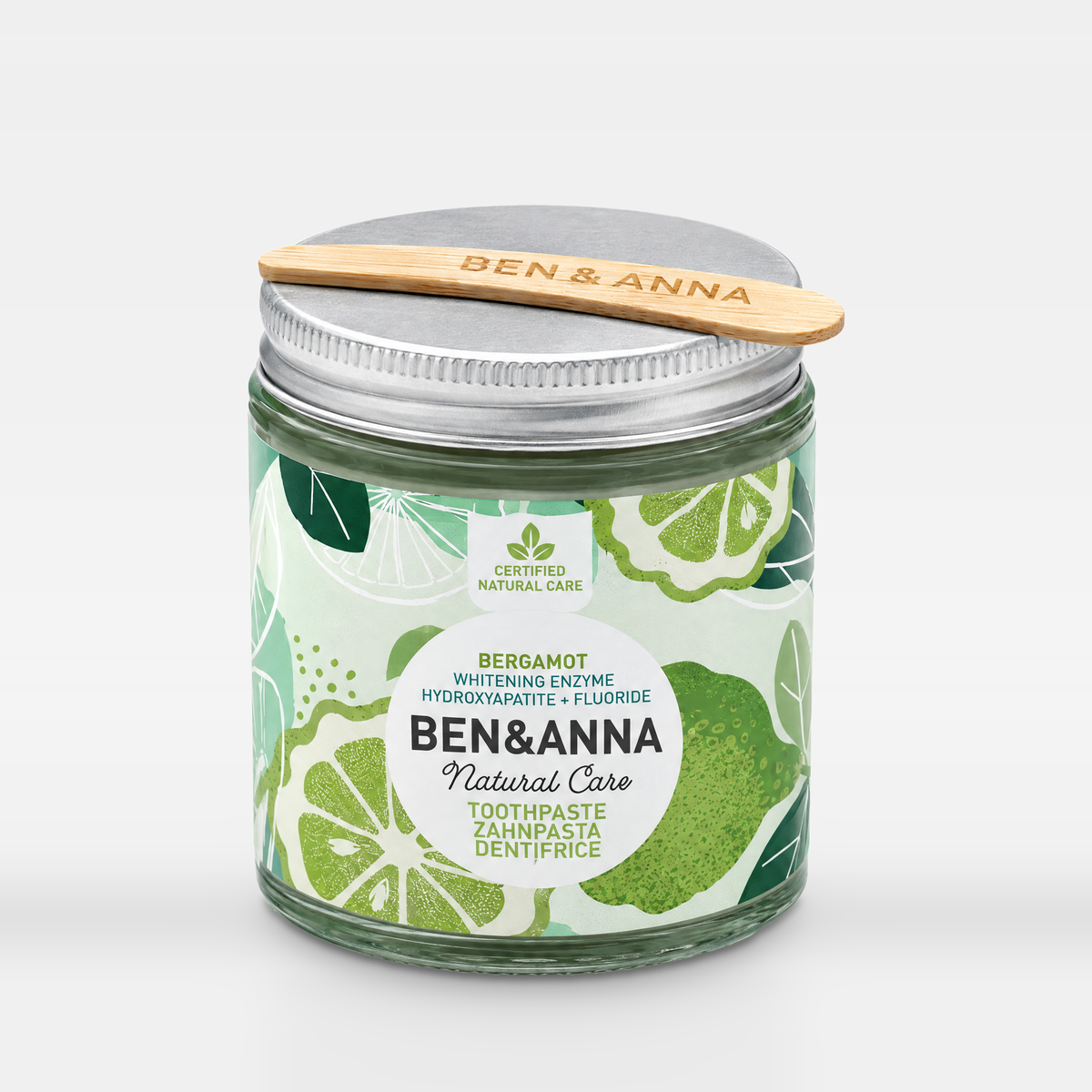 Zahnpasta Bergamot von BEN&ANNA im Glastiegel mit Holzspatel