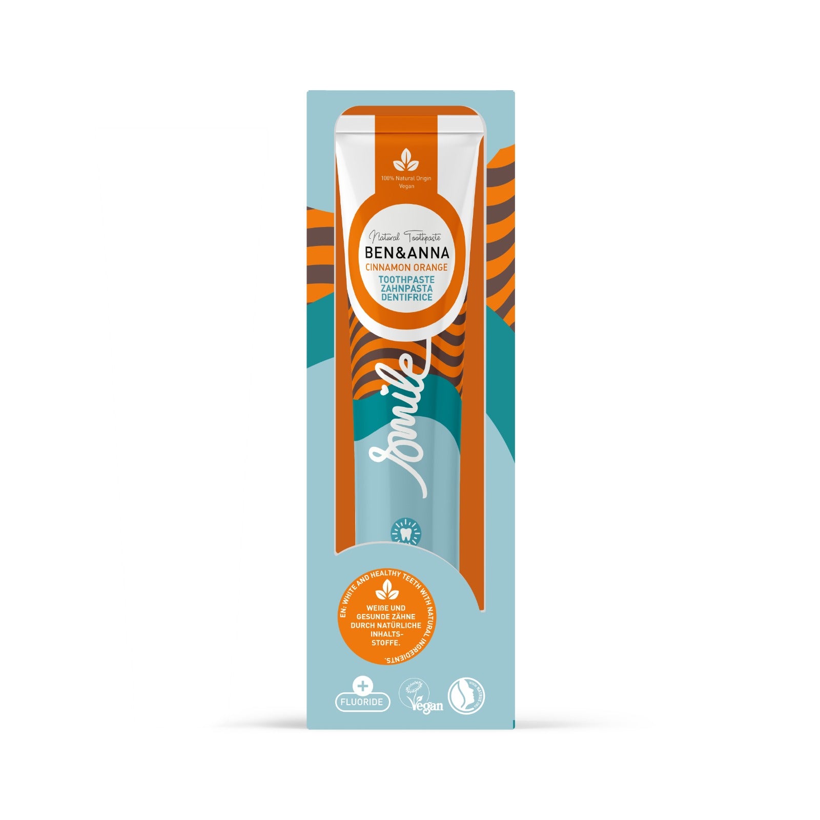 Ben&Anna ZAHNPASTA TUBE Cinnamon Orange mit Fluorid, sichtbare Verpackung mit orangenfarbenem Design und Inhaltsangaben