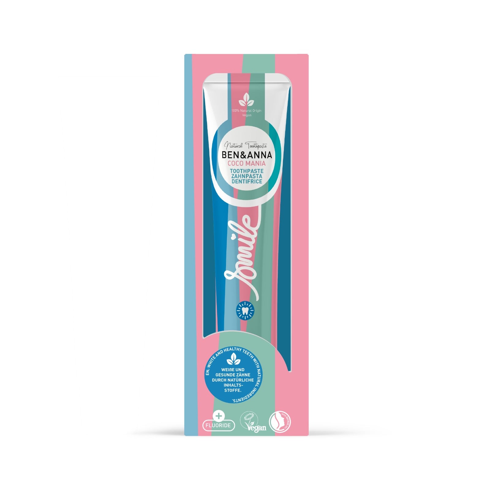Ben&Anna Zahnpasta Tube Coco Mania mit Fluorid, weiße Verpackung mit grünen Kokosnuss-Illustrationen und Produktbeschreibung